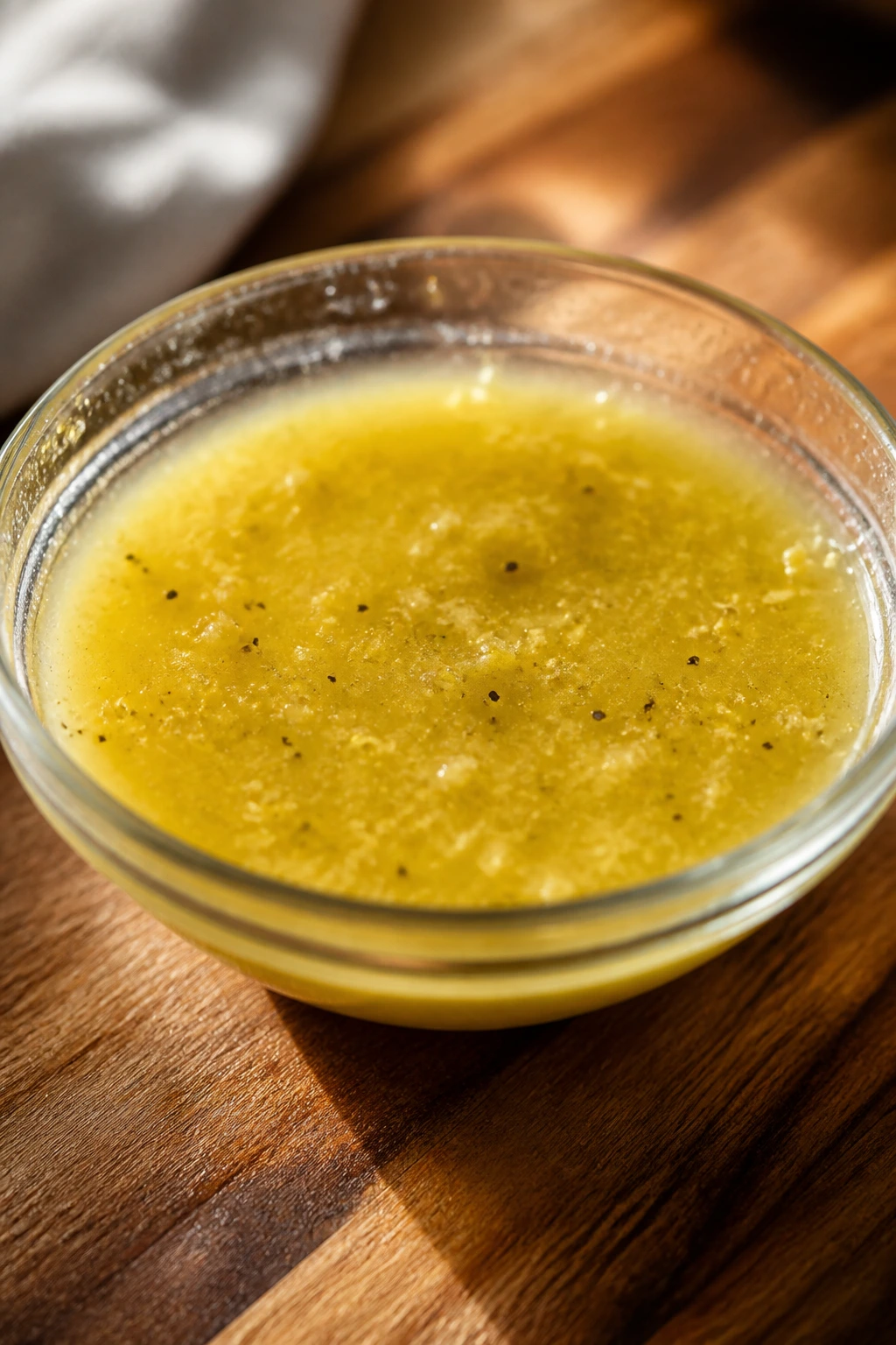 Glossy lemon-Dijon dressing emulsified in a glass bowl.