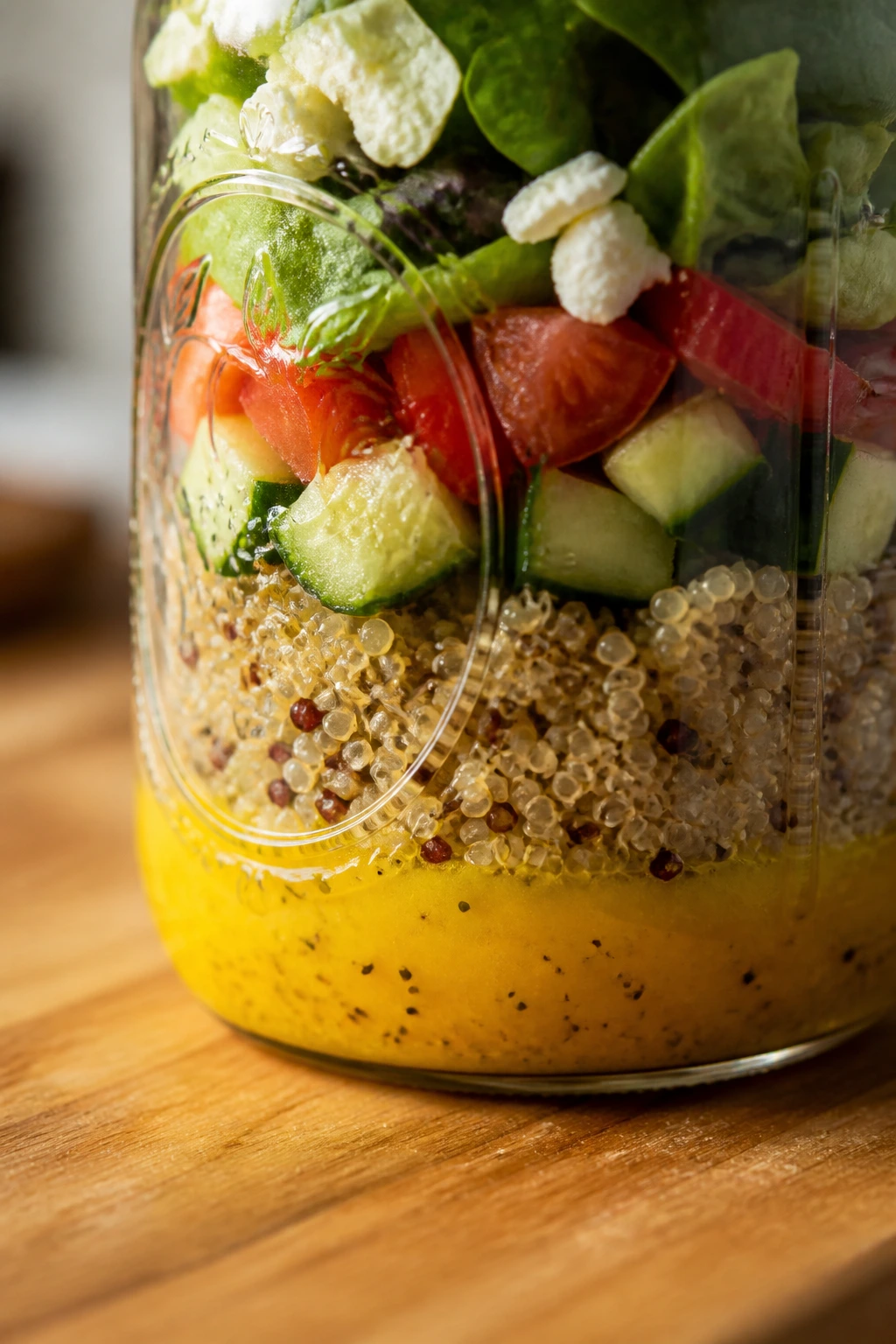 Close-up of lemon-dijon dressing at the bottom of a mason jar with layered salad above