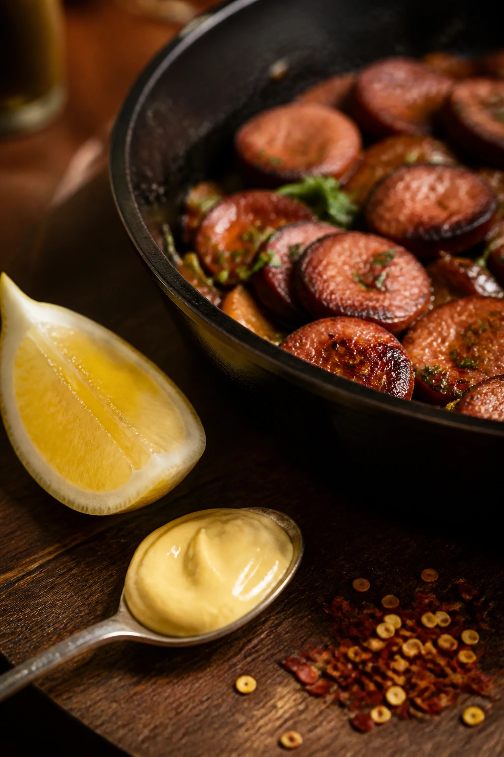 Lemon wedge and Dijon mustard beside a sausage pan in a kitchen