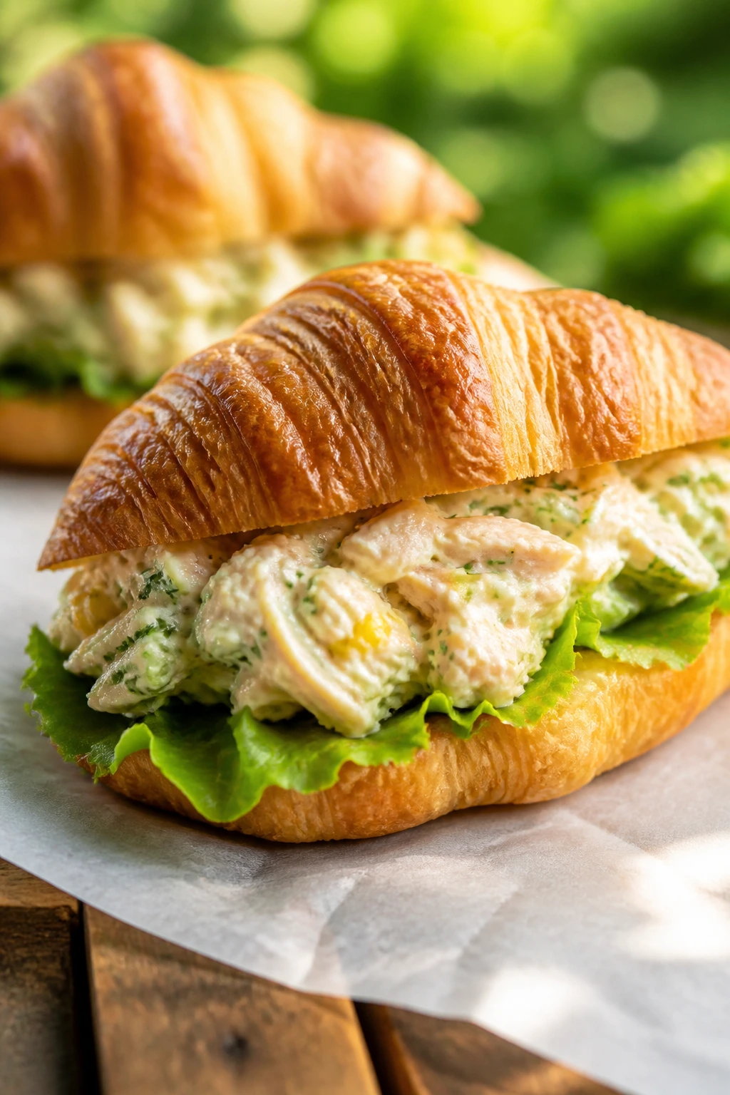 Lemon-dill chicken salad croissant on parchment outdoors