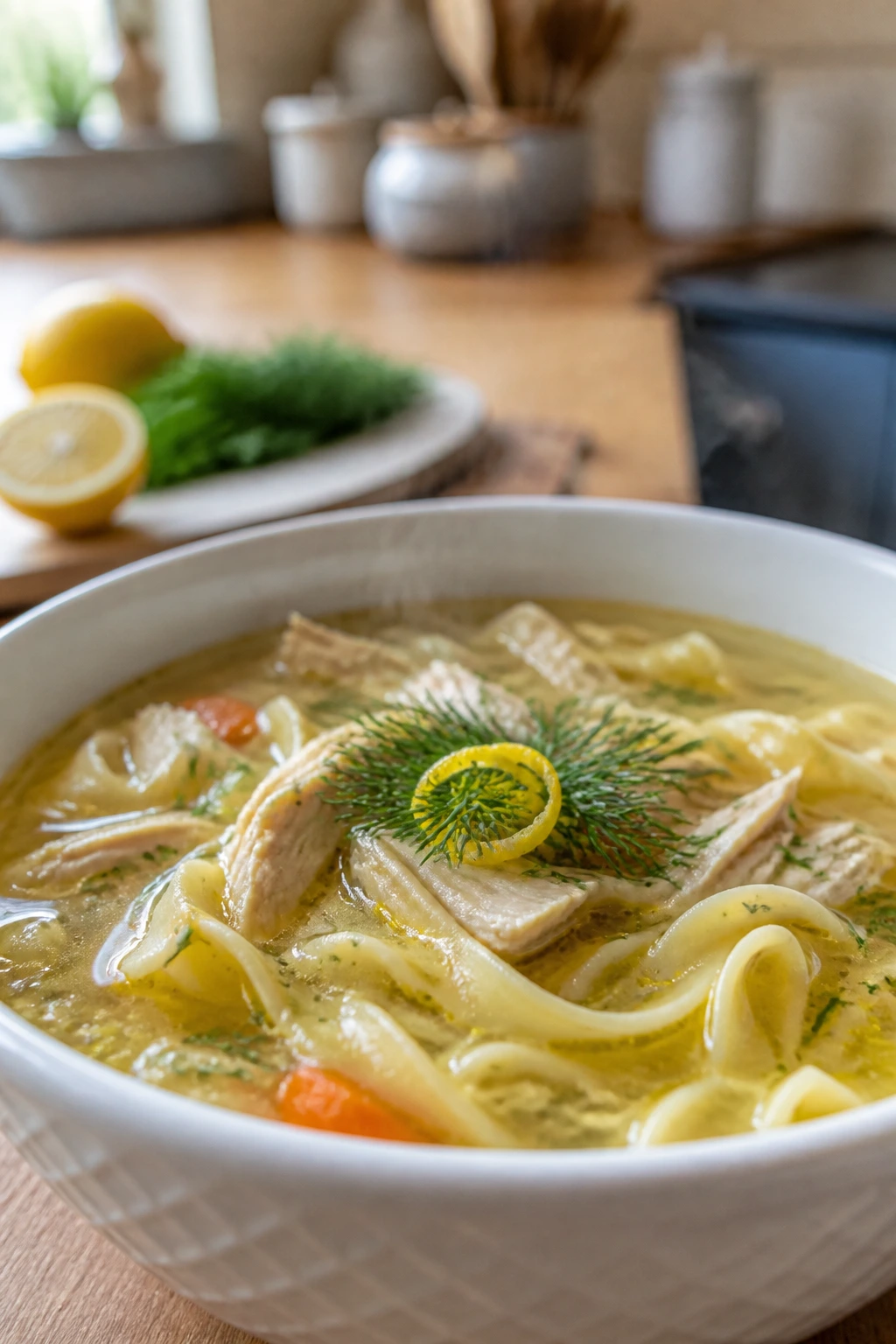 Steaming lemon-dill chicken noodle soup in a white bowl with dill