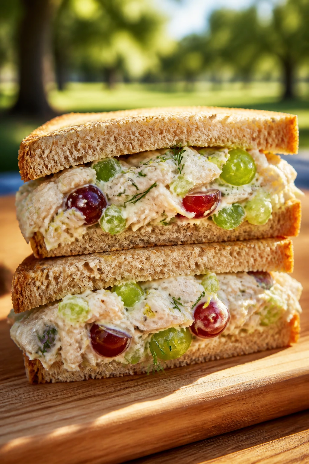Close-up of a lemon-dill chicken salad sandwich half on wooden board at a park