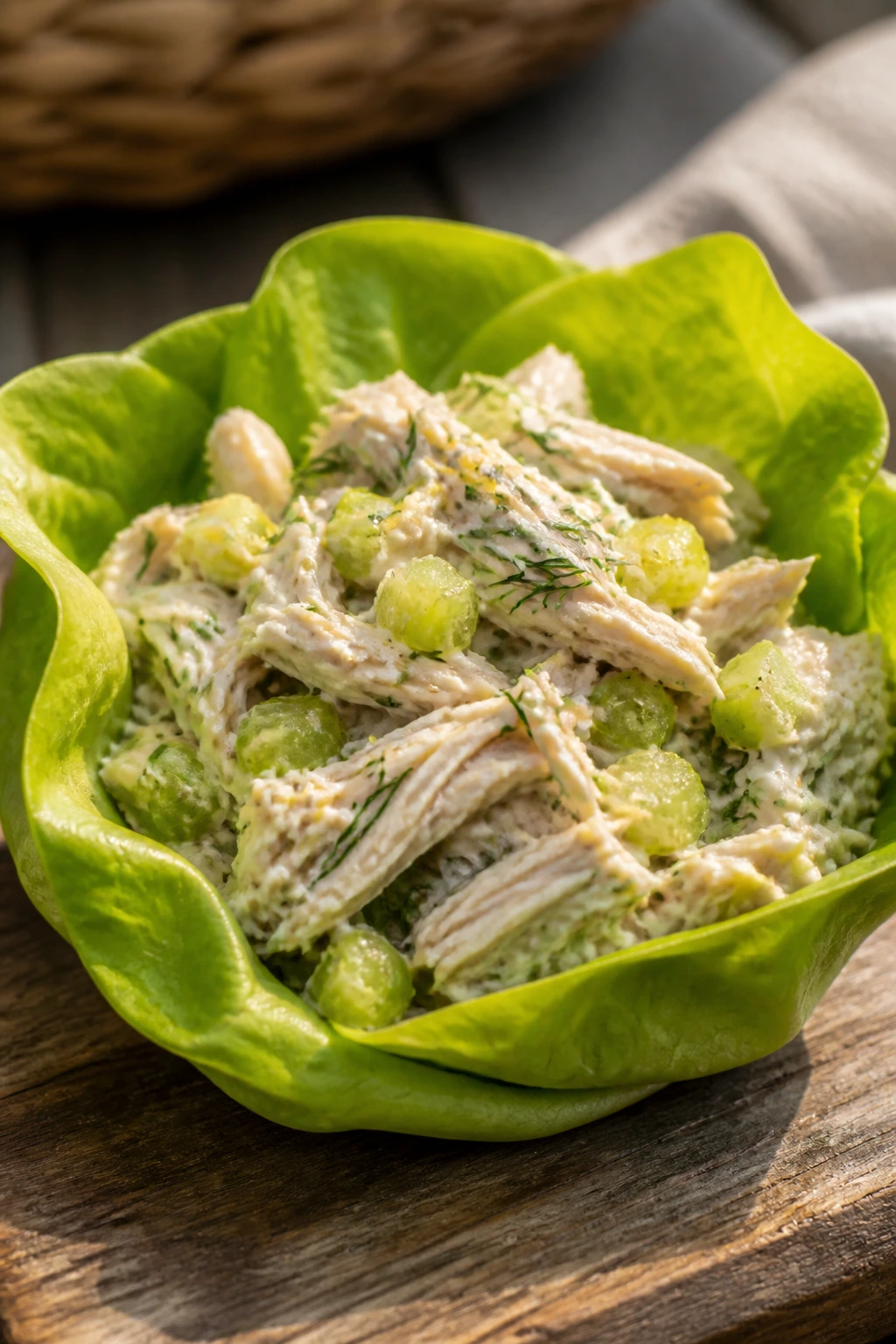 Close-up of a lemon-dill chicken salad lettuce cup on a sunny picnic table