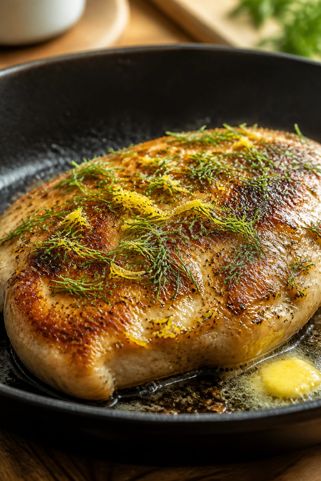 Close-up of a juicy lemon-dill skillet chicken breast filling the frame in a home kitchen