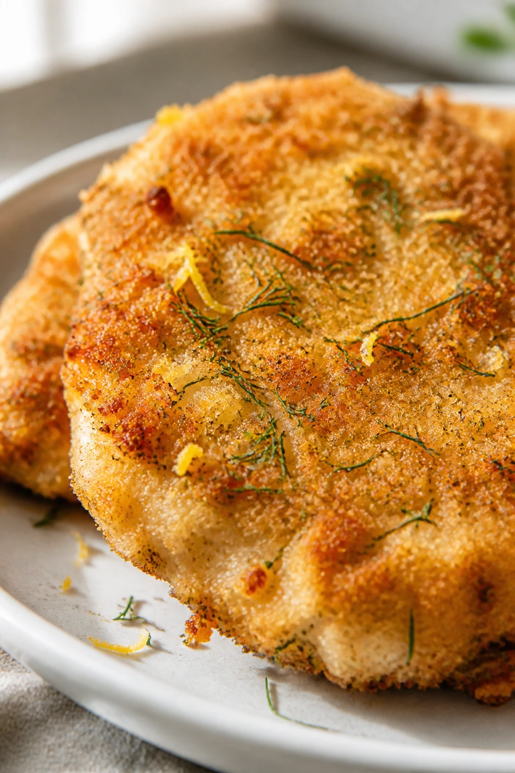 Close-up of a crispy yogurt chicken cutlet with lemon and dill on a plate
