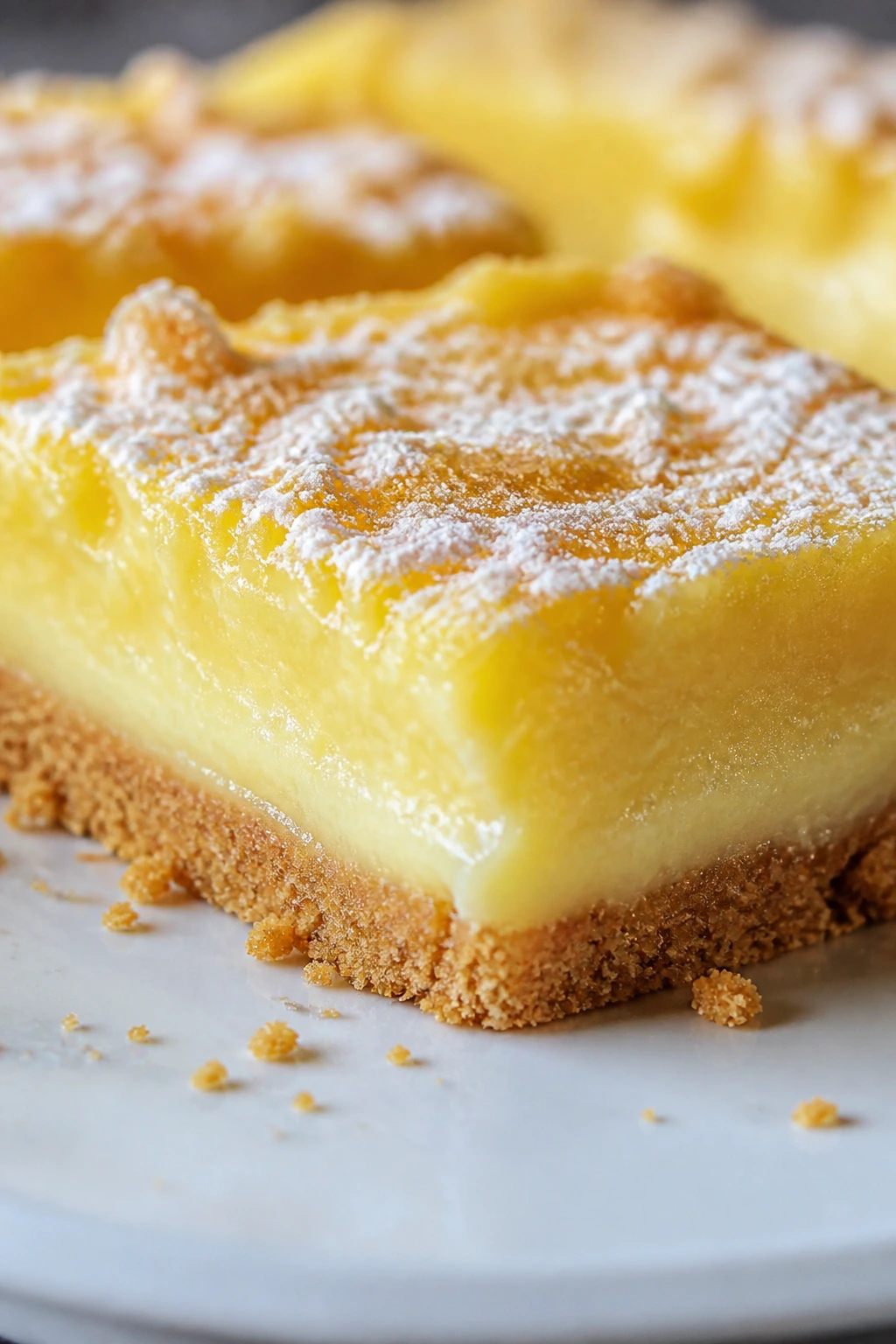 Close-up cross-section of lemon dream bar with graham crust and lemon filling on a plate.