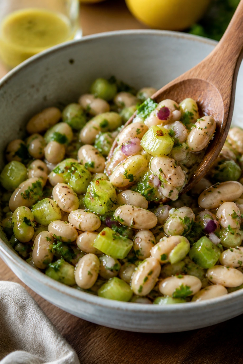 White bean salad with glossy dressing coating beans.