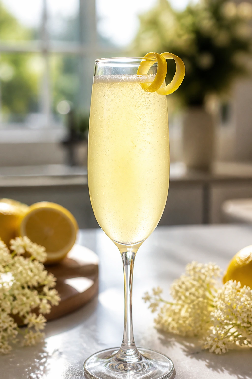 Close-up of lemon elderflower fizz in a flute with lemon twist on a sunlit kitchen island