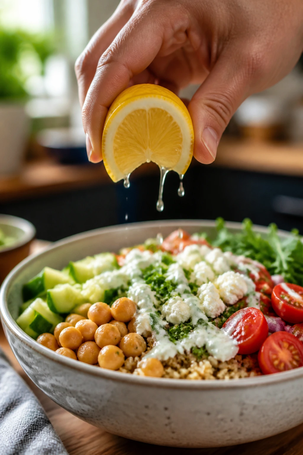 Hand squeezing lemon over a grain bowl as a finishing touch
