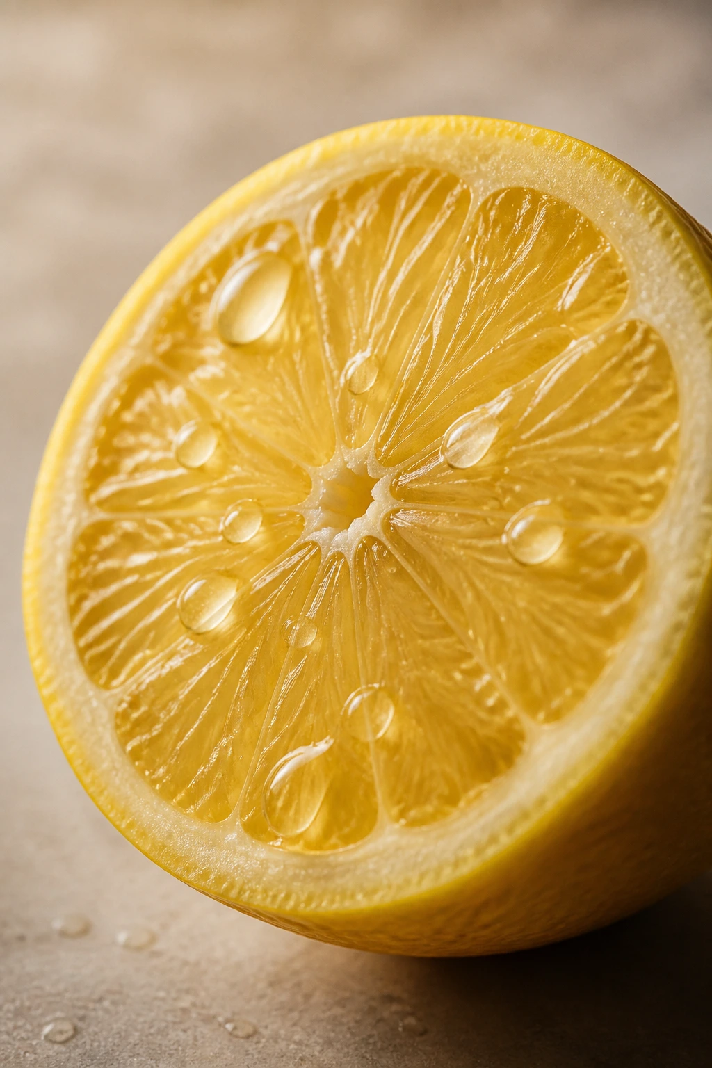 Fresh lemon half with visible juice droplets