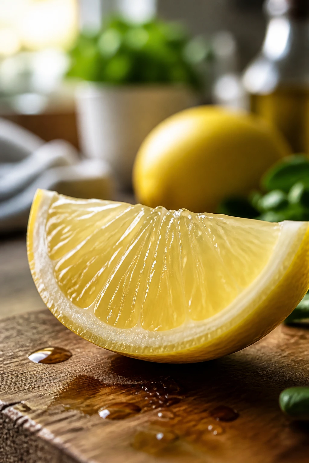 Lemon wedge with juice droplets on wooden board for flavor boost