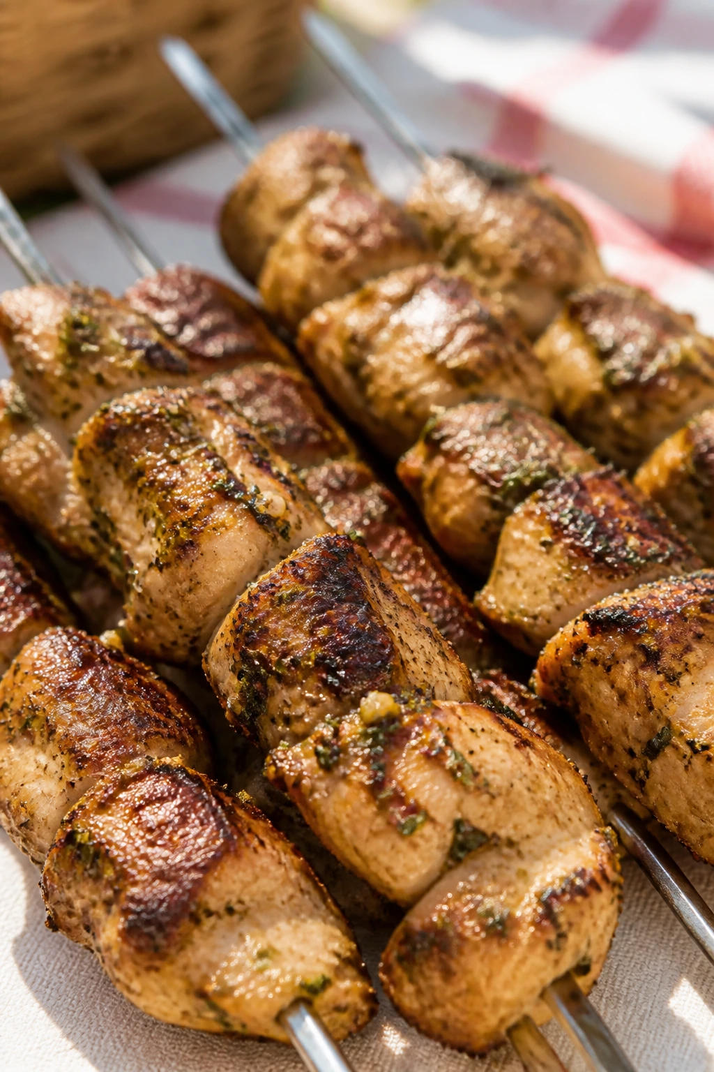 Close-up of lemon-garlic chicken thigh skewers with charred edges outdoors