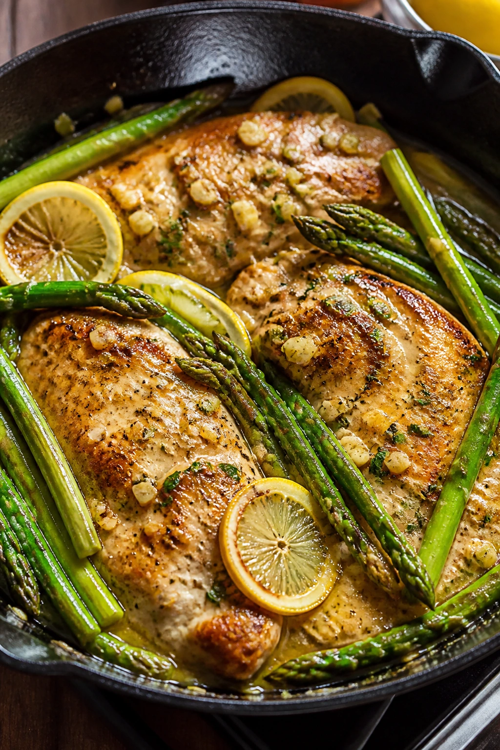 Lemon-garlic chicken and asparagus skillet on stove in warm kitchen light.