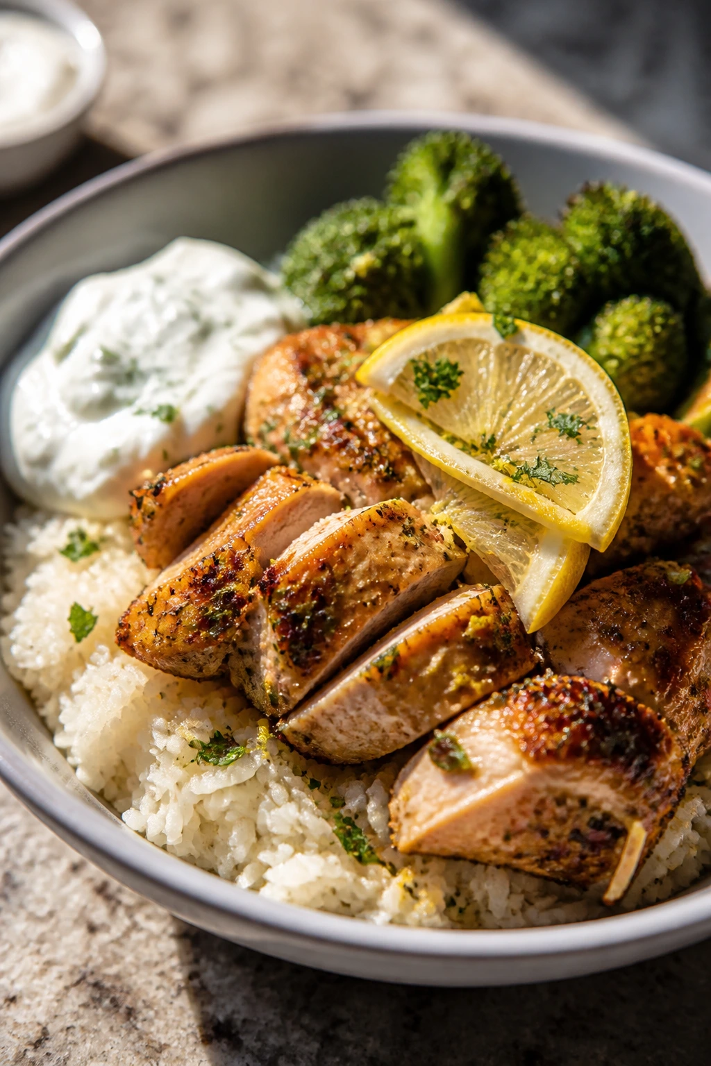 Close-up of lemon-garlic chicken over rice with broccoli in a bowl