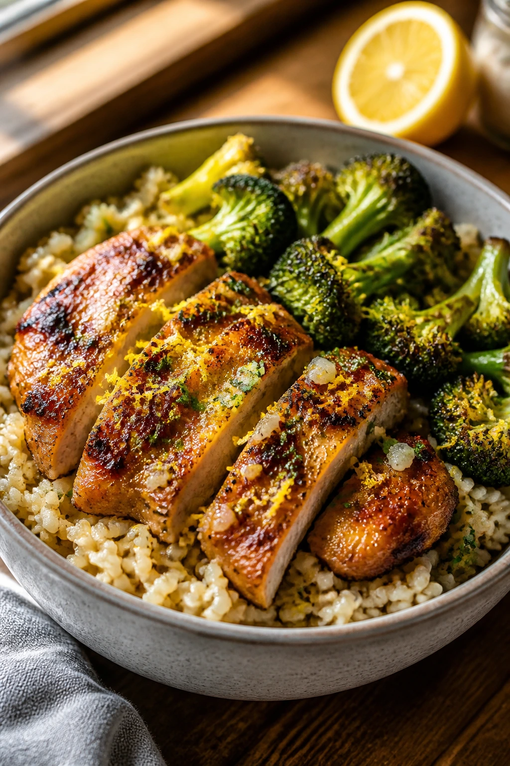 Close-up of a lemon garlic chicken and roasted broccoli bowl with bronzed chicken and broccoli over brown rice