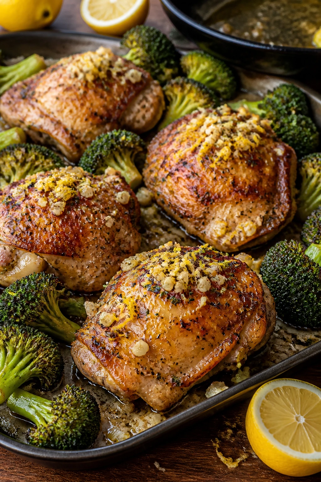 Close-up of lemon-garlic chicken thighs with broccoli on a sheet pan