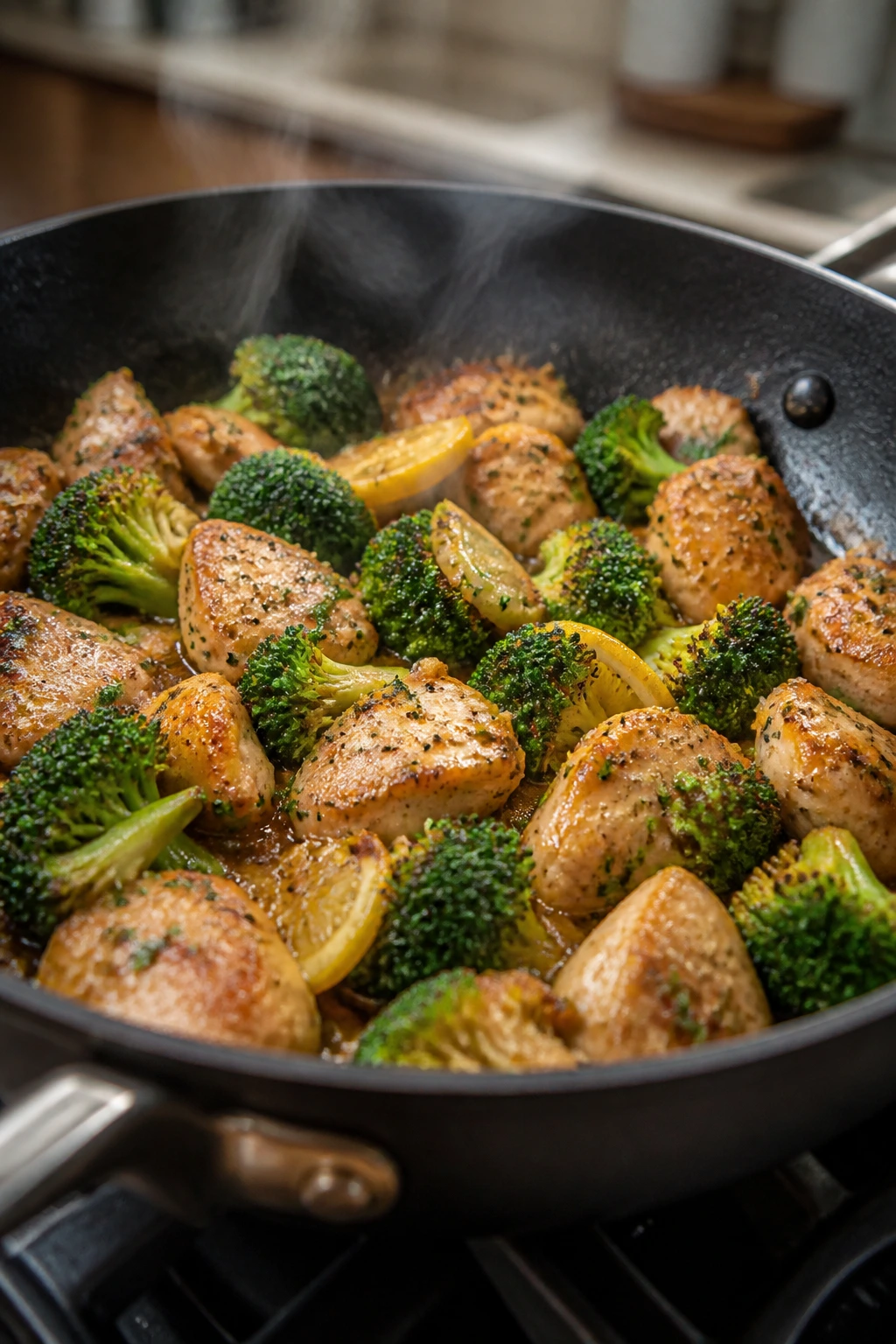Close-up of lemon-garlic chicken and broccoli in a skillet on the stove
