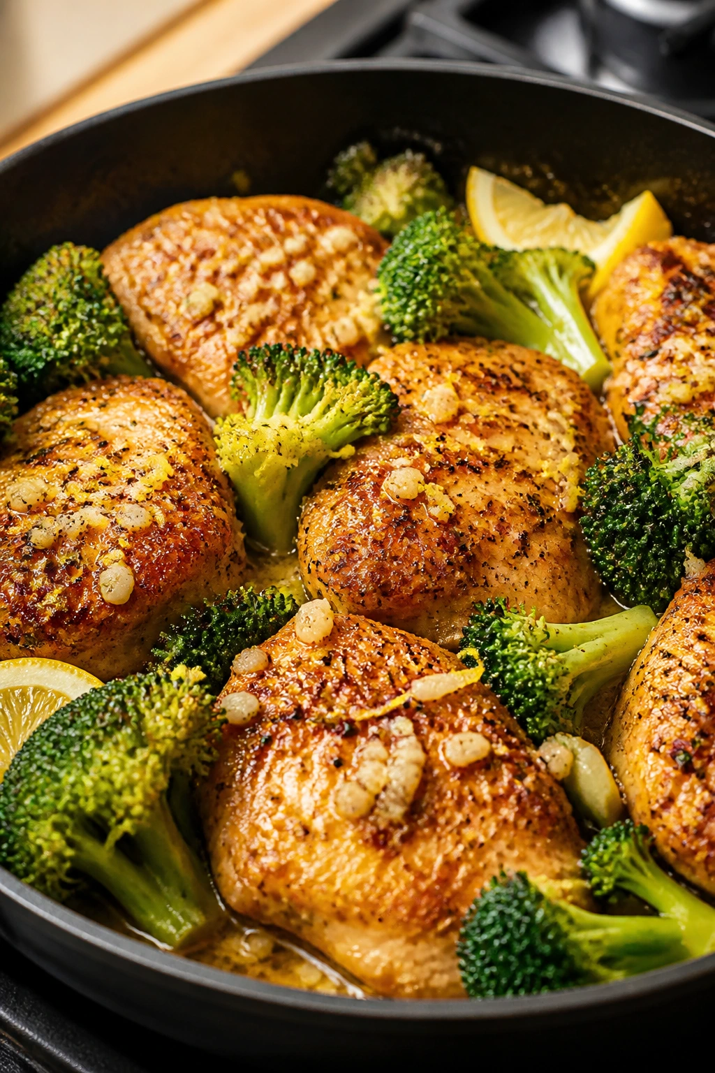 Close-up of lemon-garlic chicken and broccoli skillet in a warm kitchen