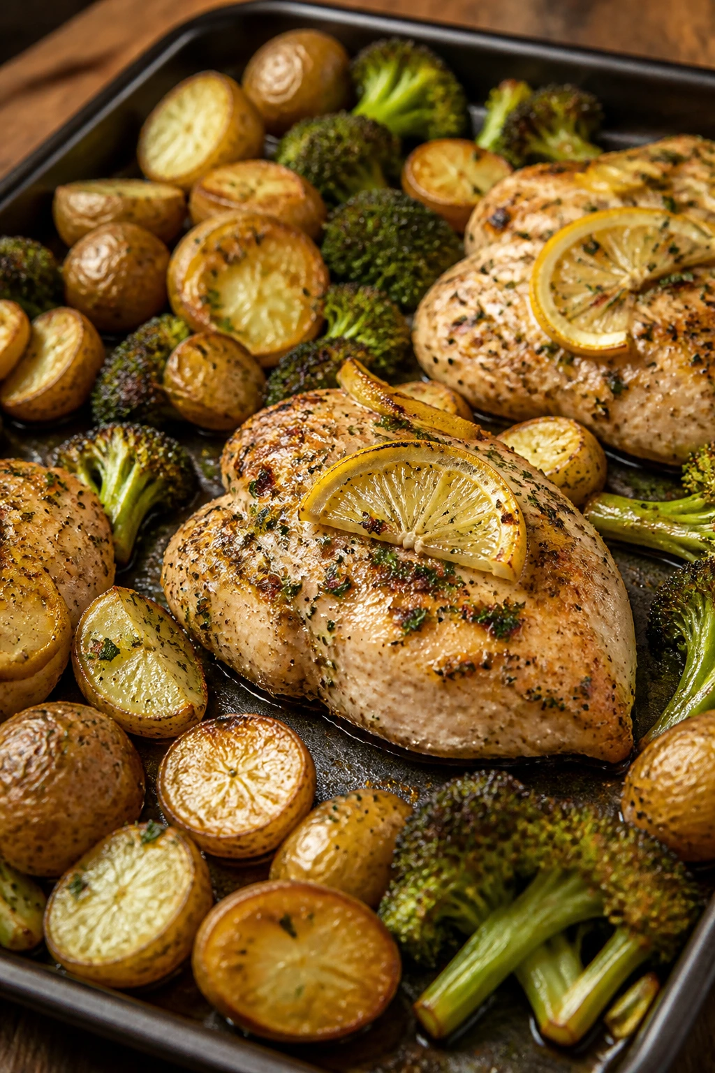 Close-up lemon-garlic chicken with broccoli and baby potatoes on sheet-pan.