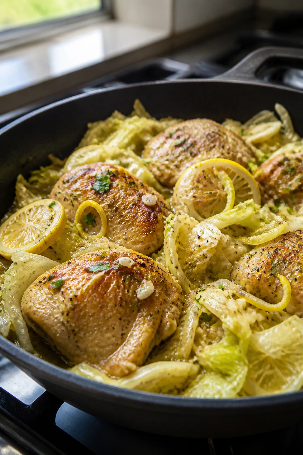 Skillet with lemon-garlic chicken and cabbage in a kitchen setting.