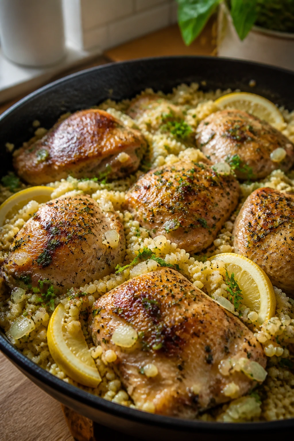 Close-up of Lemon-Garlic Chicken Couscous Skillet in a pan