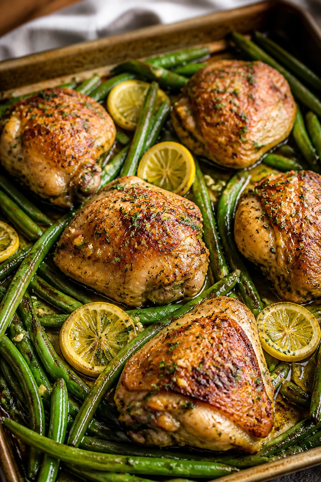 Sheet-pan roasted chicken thighs with green beans filling the frame