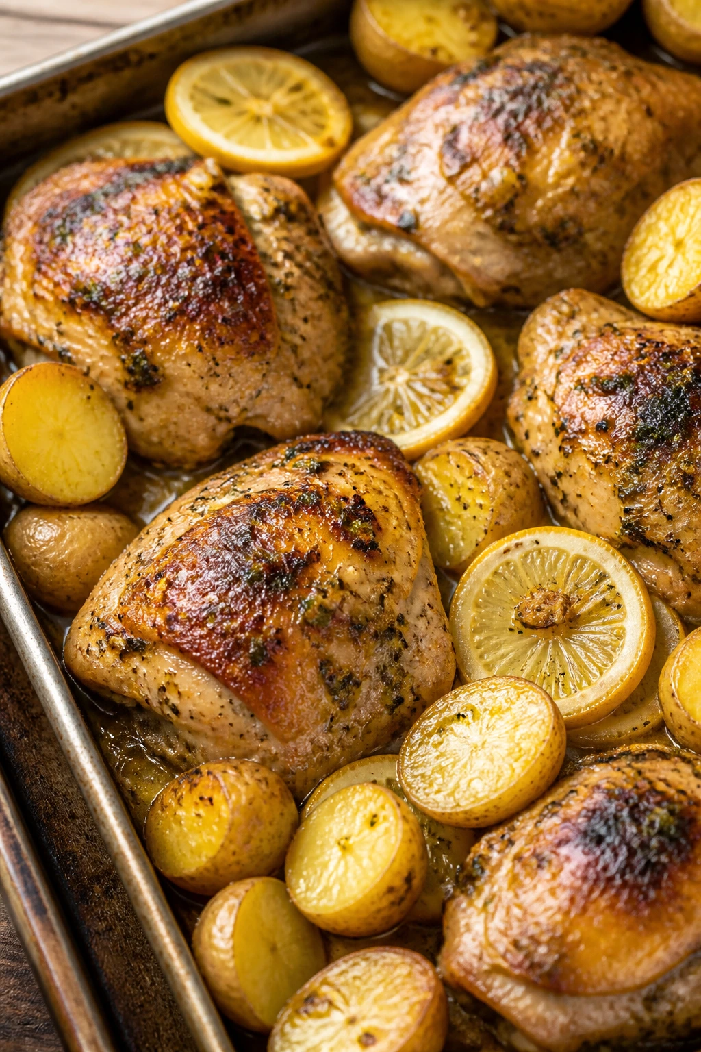 Sheet pan with lemon garlic chicken thighs and potatoes