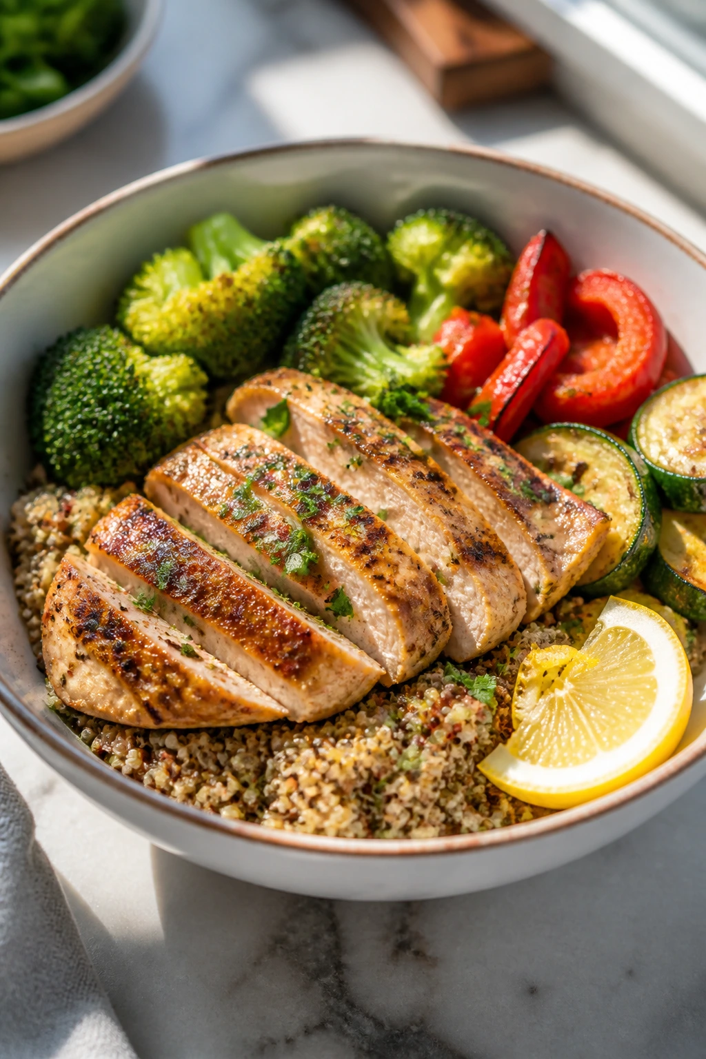 Close-up of lemon garlic chicken quinoa bowl with vegetables