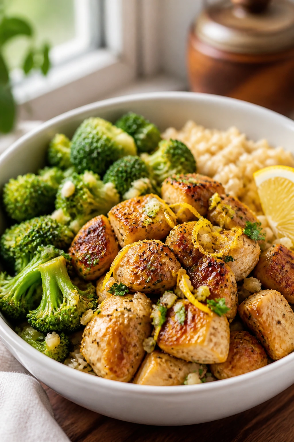 Bowl of lemon garlic chicken with broccoli and rice