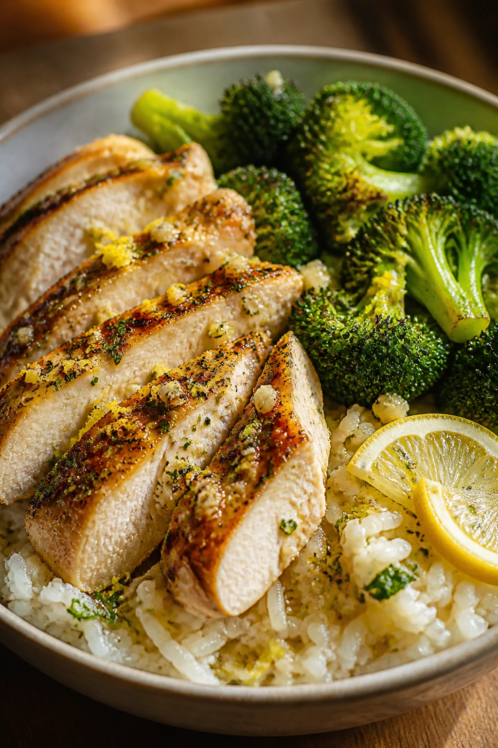 Lemon garlic chicken broccoli rice bowl close-up