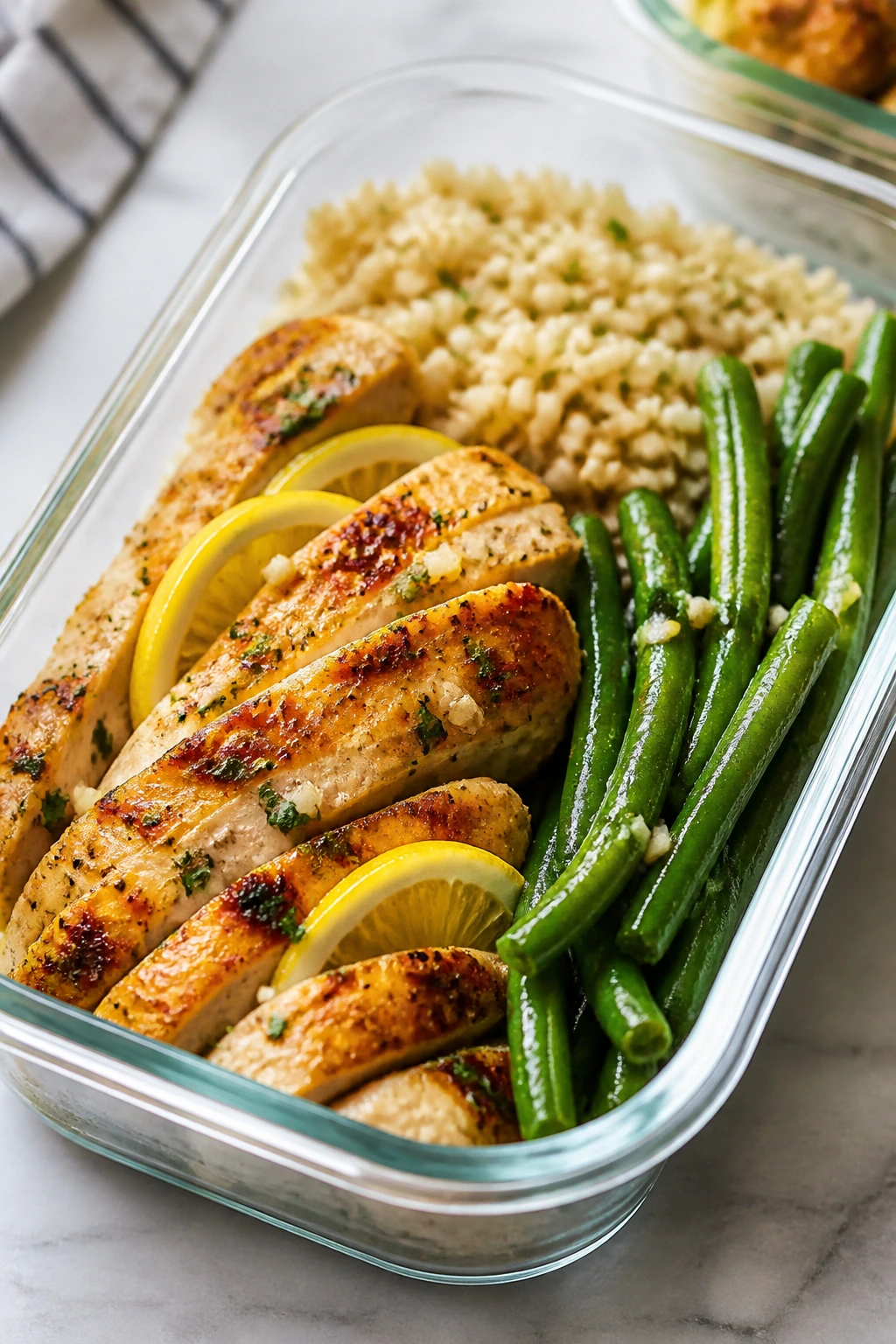 Close-up of lemon garlic chicken rice box with green beans and rice