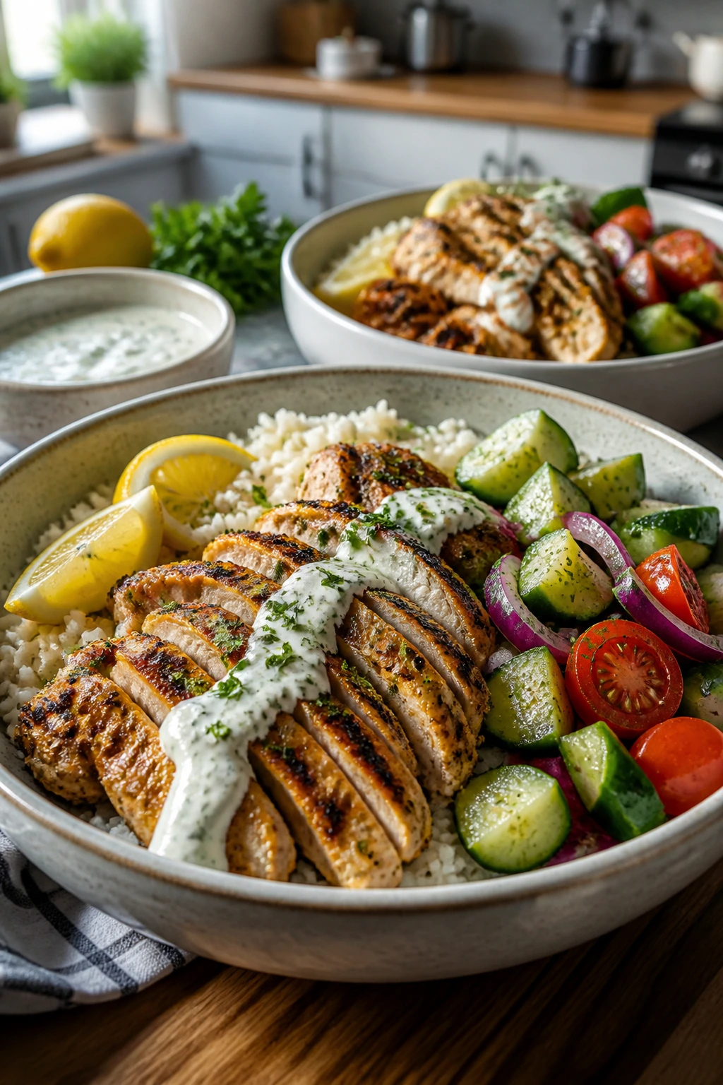 Plate of lemon-garlic chicken rice bowl with yogurt sauce, part of a weekly dinner rotation