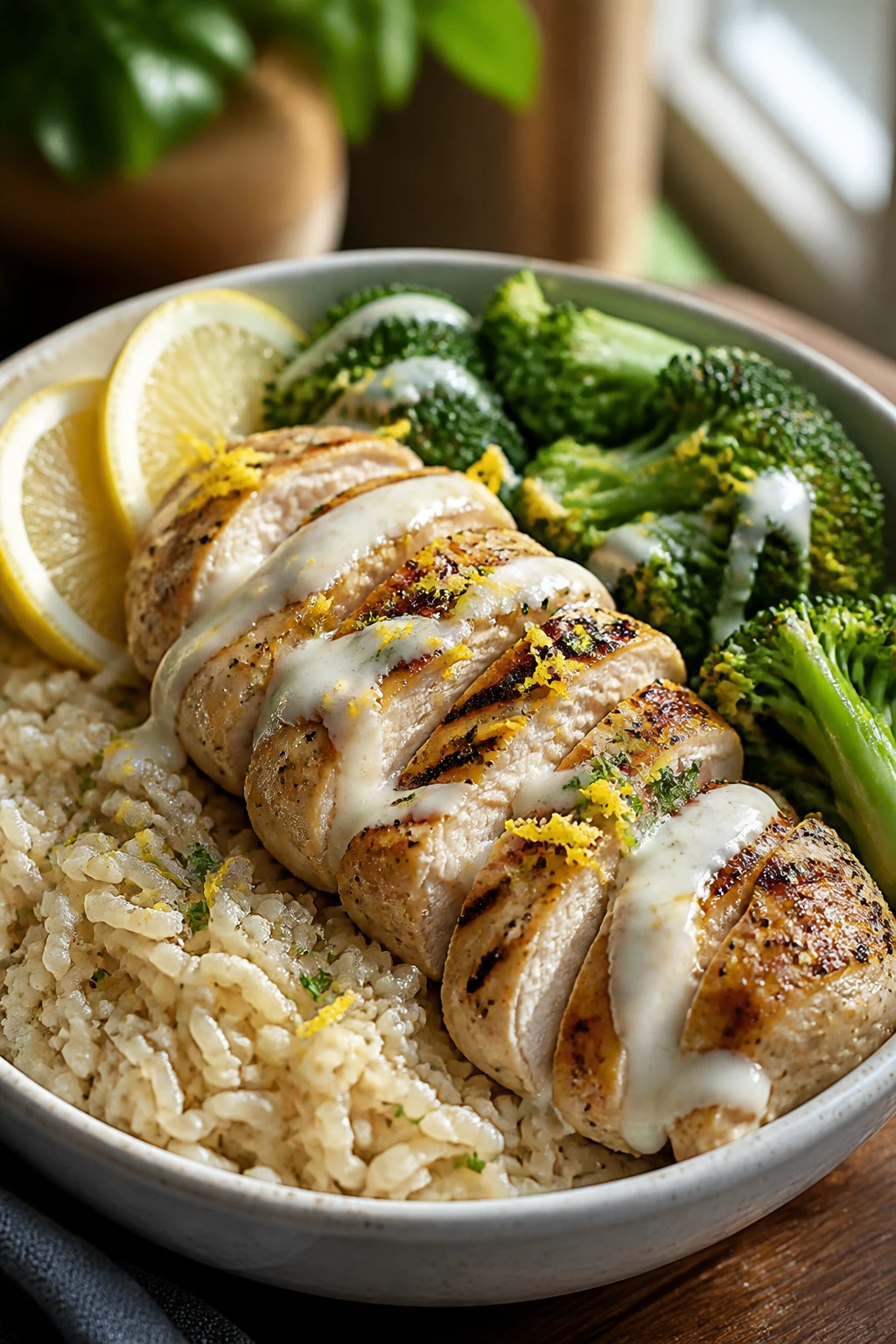 Close-up of lemon-garlic chicken rice bowl with broccoli