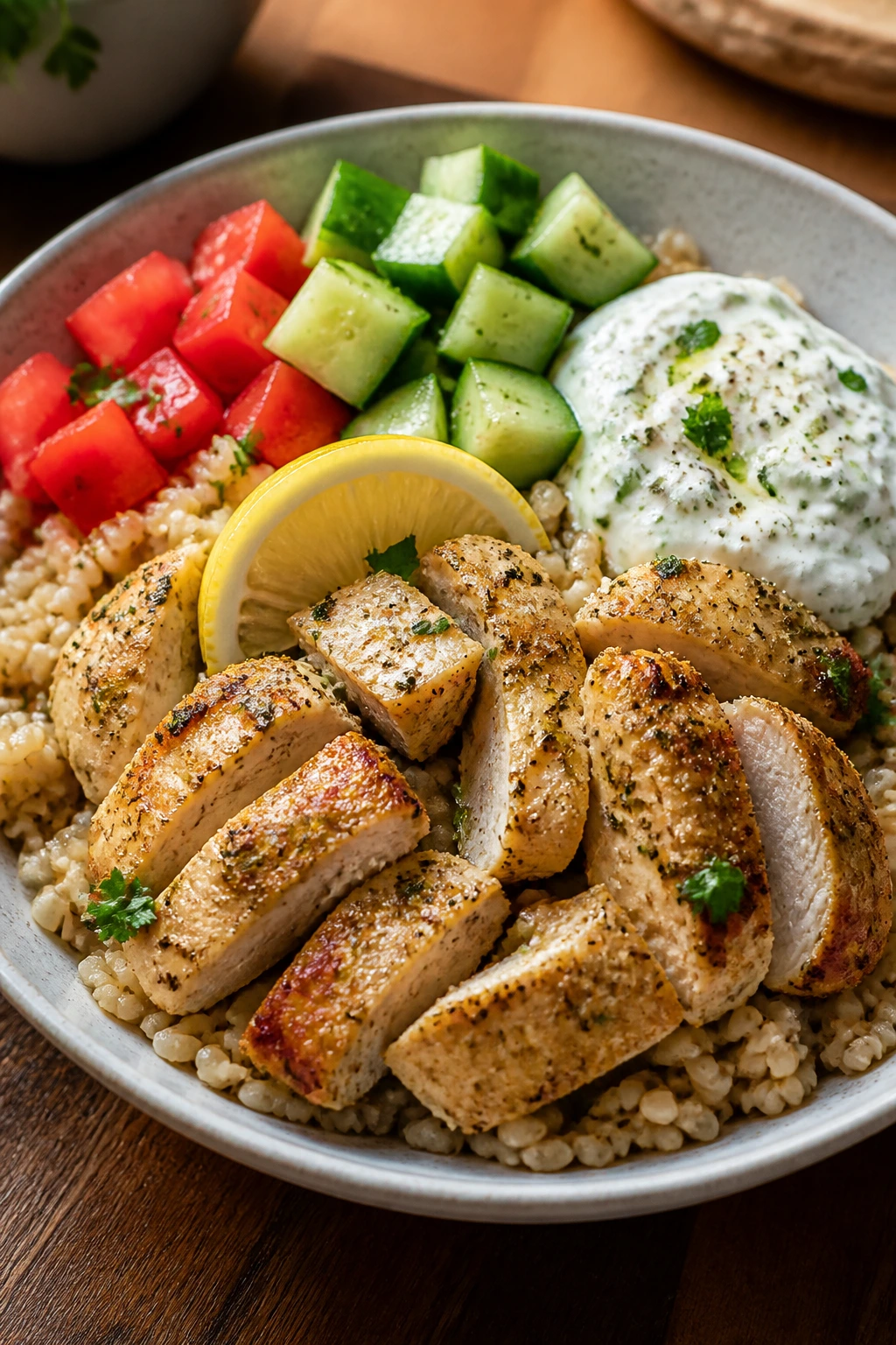 Close-up of a lemon garlic chicken rice bowl with cucumber, tomato, and yogurt sauce.