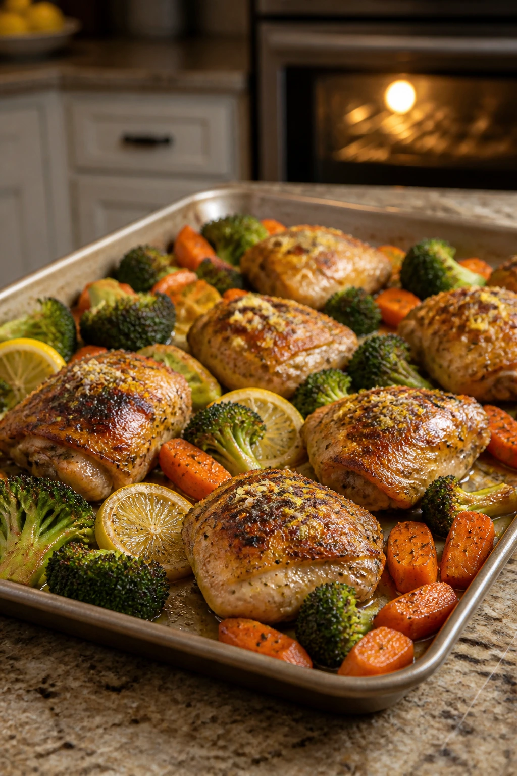Bronzed lemon-garlic chicken thighs with crisp vegetables on a sheet pan.