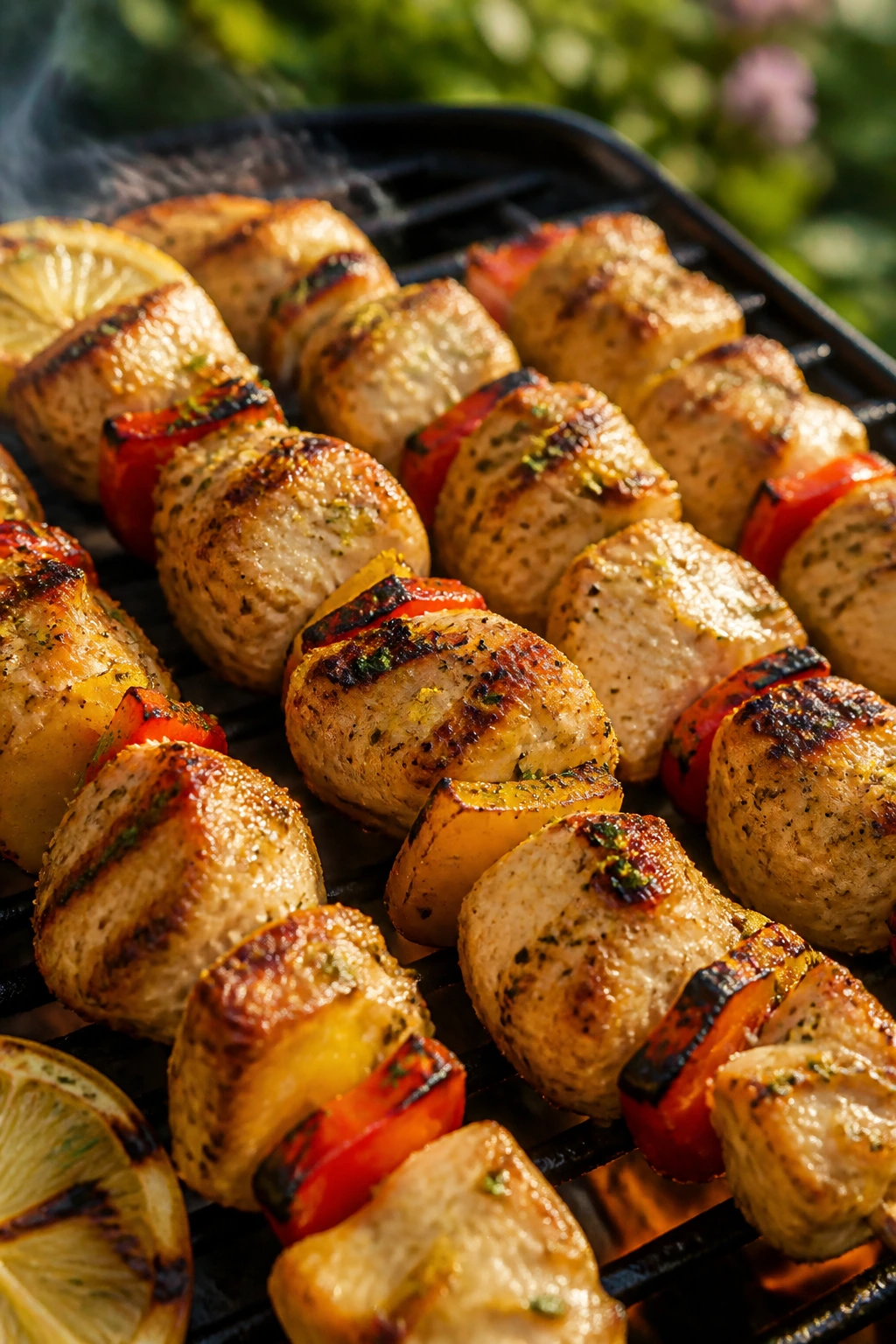 Close-up of lemon-garlic chicken skewers with grill marks