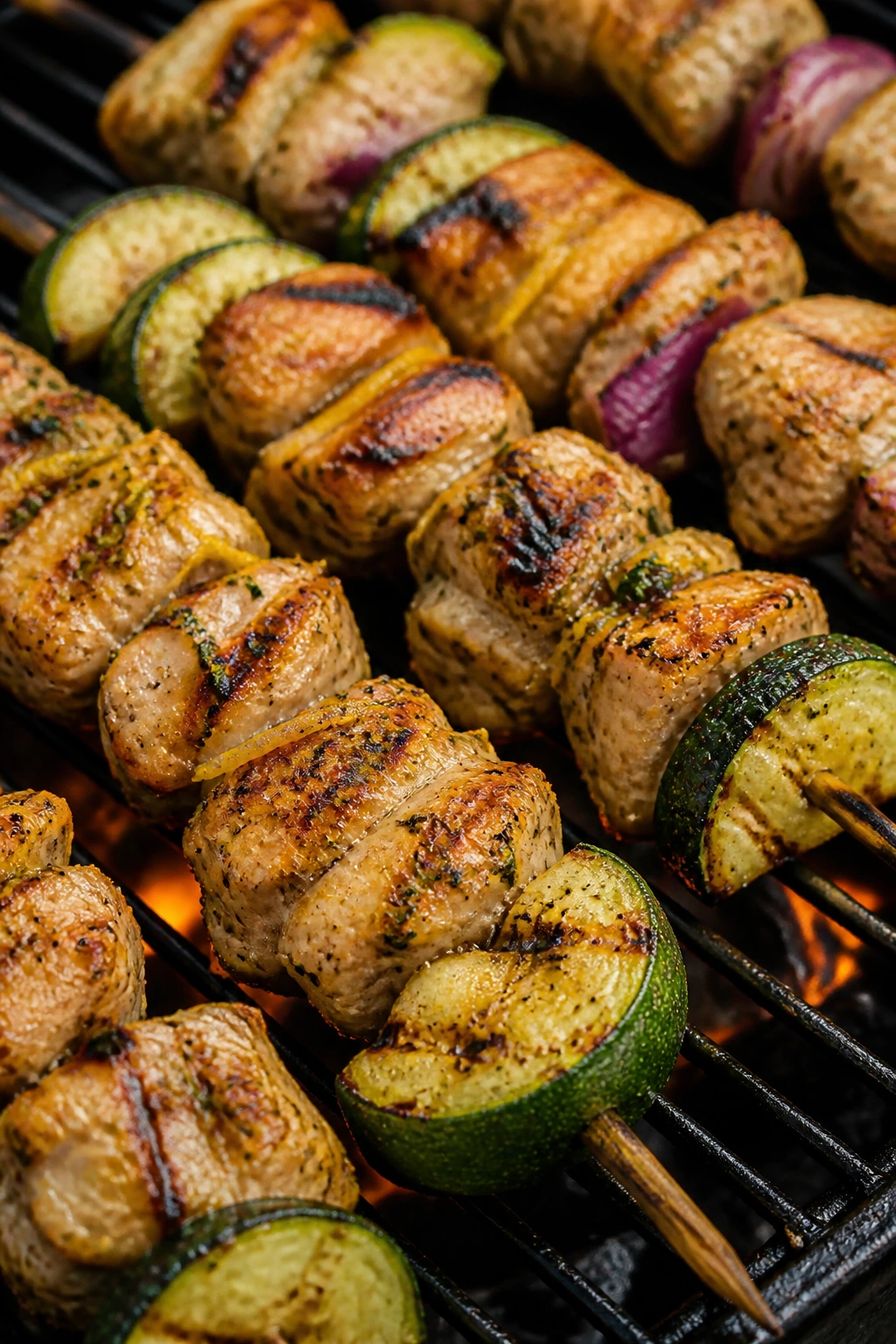 Juicy lemon-garlic chicken skewers with charred zucchini cooking on a grill