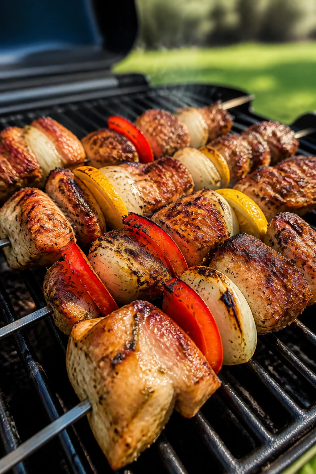 Juicy lemon-garlic chicken skewers with char on a grill outdoors