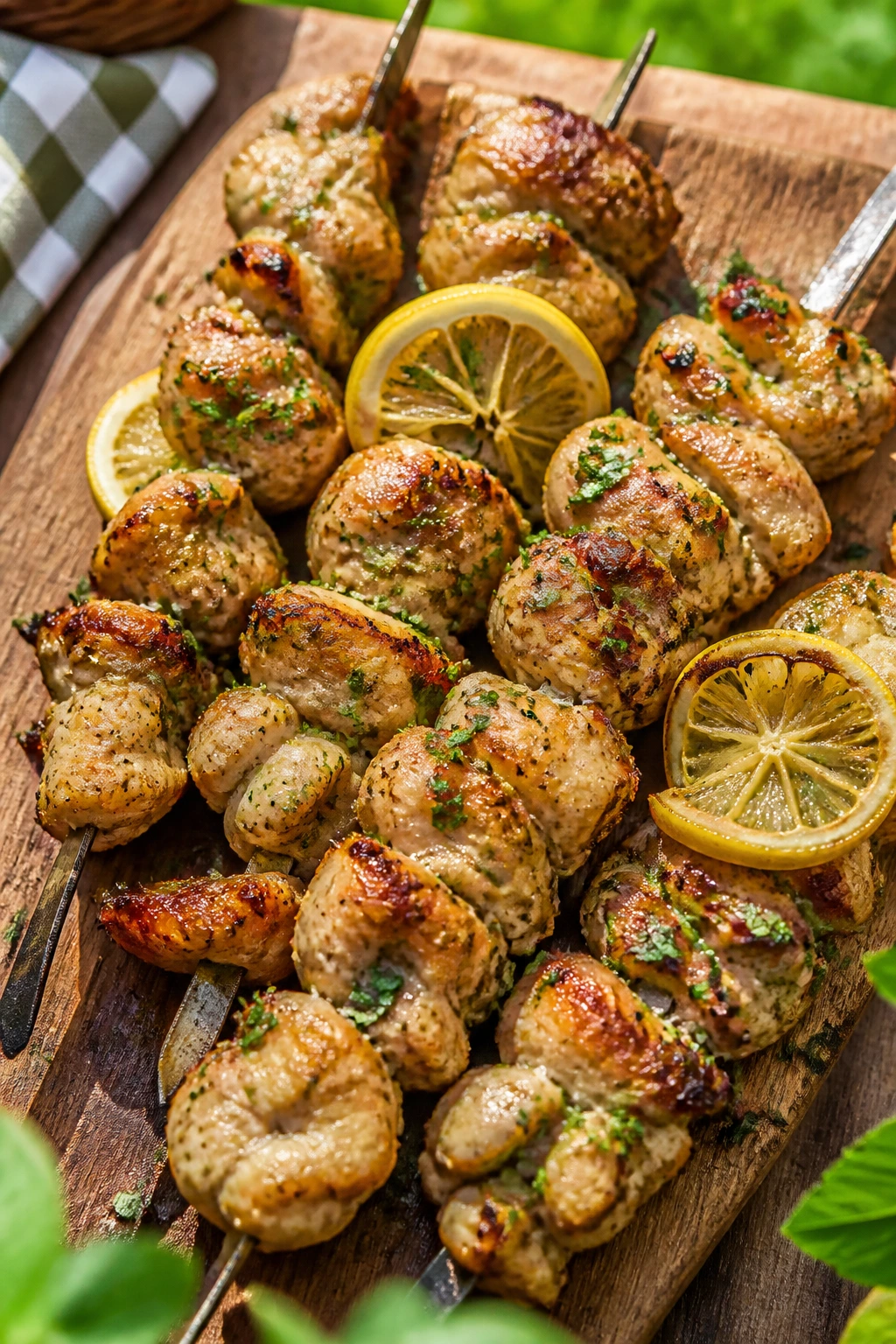 Close-up of lemon-garlic chicken thigh skewers on a wooden board outdoors