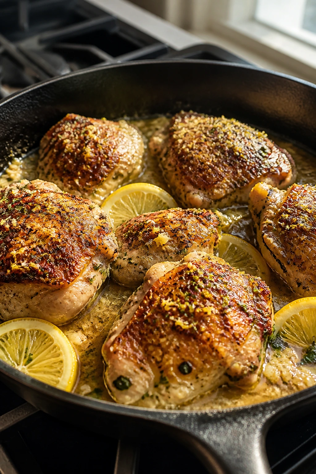 Close-up of browned chicken thighs in lemon garlic sauce in a skillet