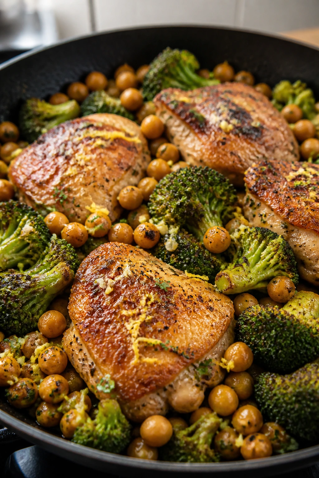 Skillet with lemon-garlic chicken, broccoli, and chickpeas in a home kitchen