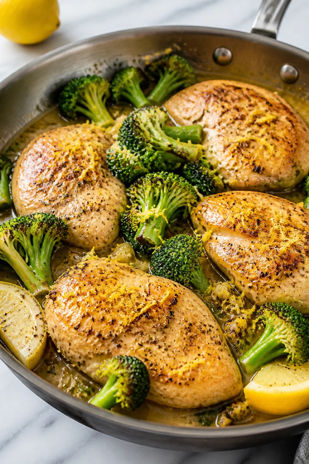 Close-up of lemon-garlic chicken and broccoli in a skillet on a kitchen counter