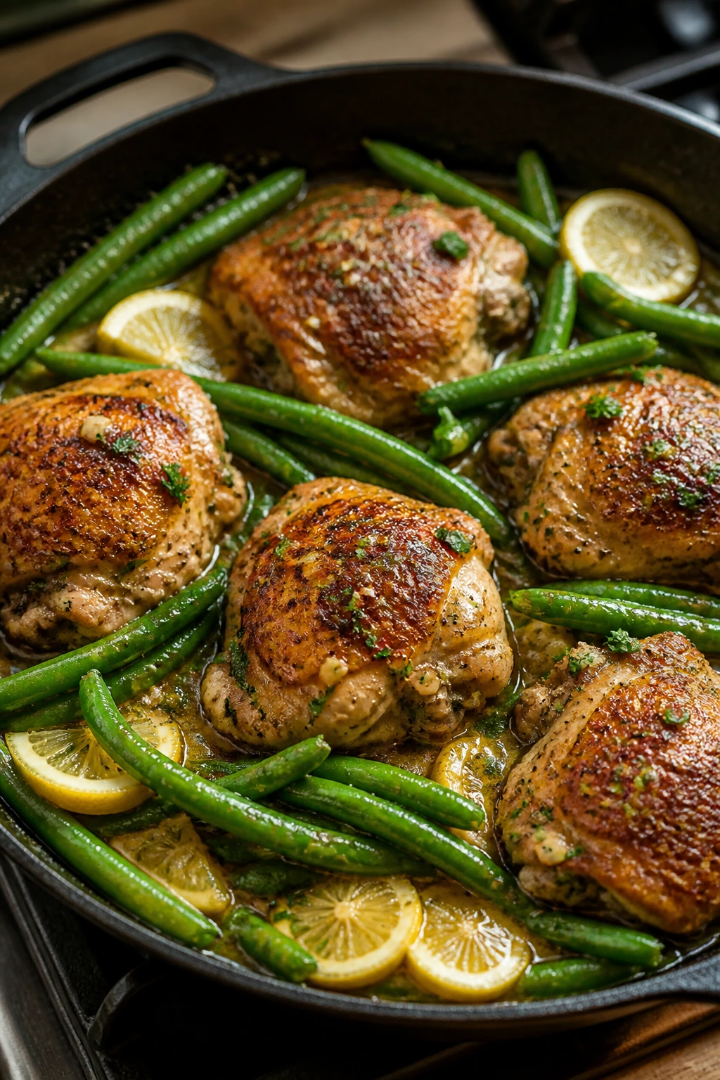 Close-up of lemon-garlic chicken thighs with green beans in a skillet, glossy pan sauce