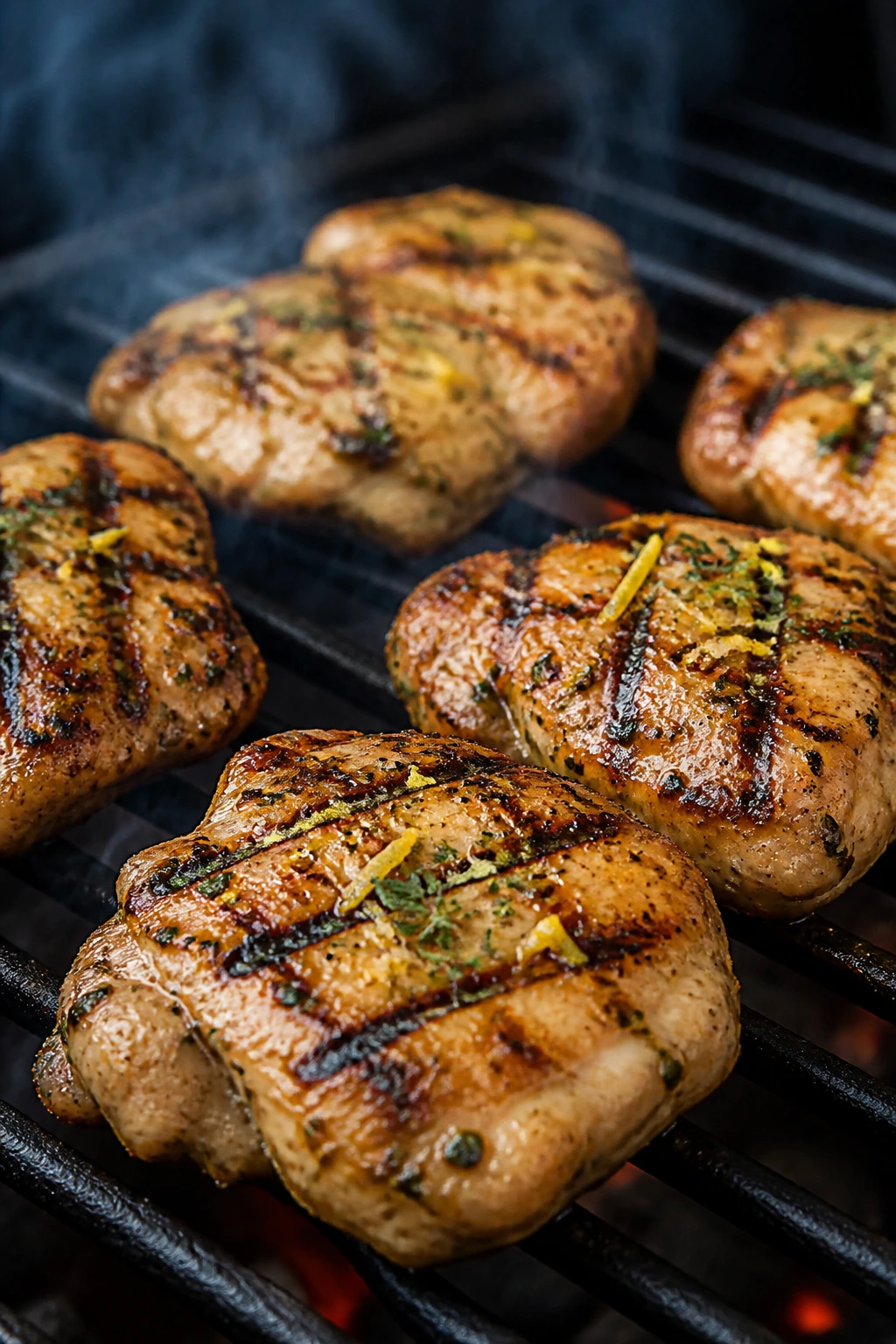 Close-up of lemon-garlic chicken thighs grilling with lemon zest