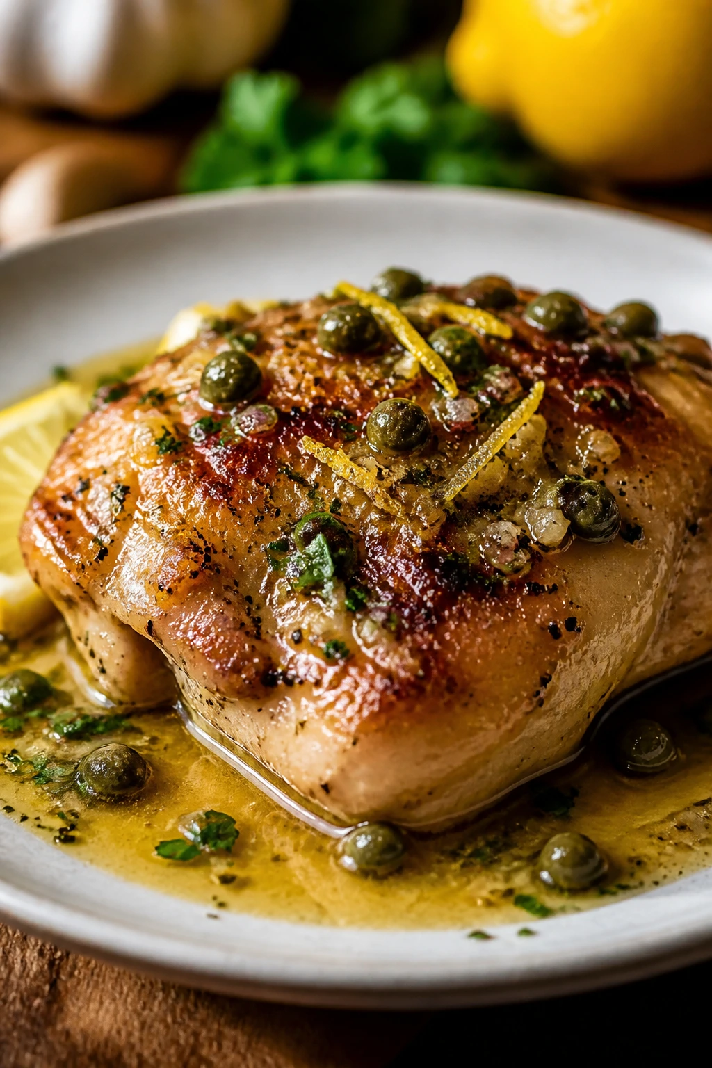 Close-up of lemon garlic chicken thigh with capers and lemon zest in glossy sauce