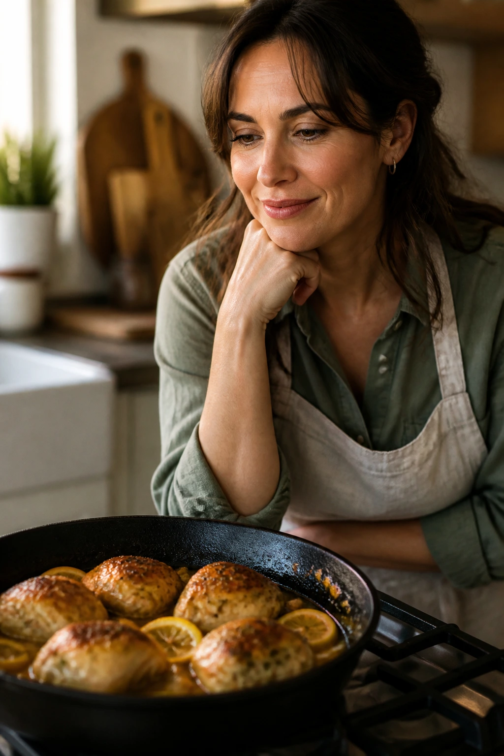Real home cook in a kitchen looking at a pan of lemon garlic chicken thighs