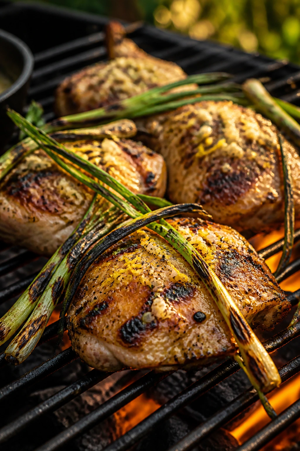 Close-up of lemon-garlic chicken thighs with charred scallions on a grill
