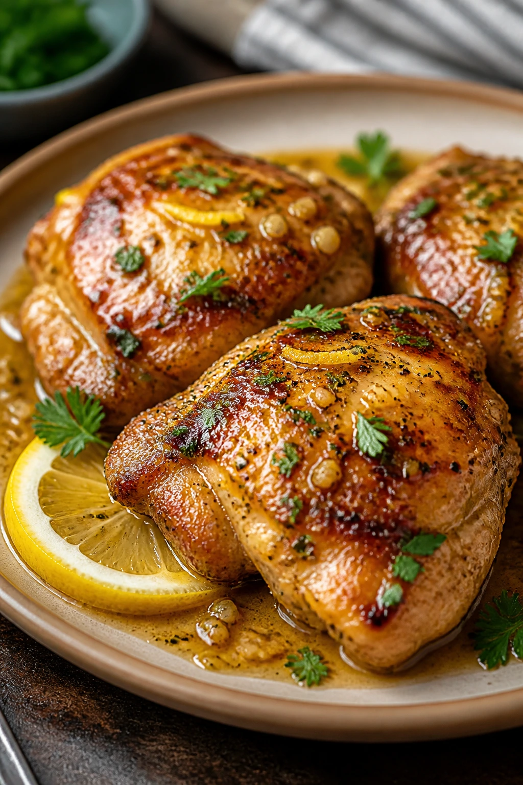 Close-up of glossy lemon garlic chicken thighs plated with sauce and lemon garnish in a warm kitchen