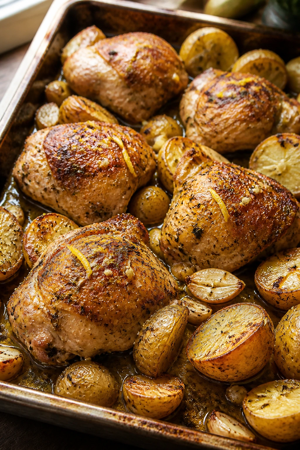 Close-up of lemon garlic chicken thighs and potatoes on a sheet pan