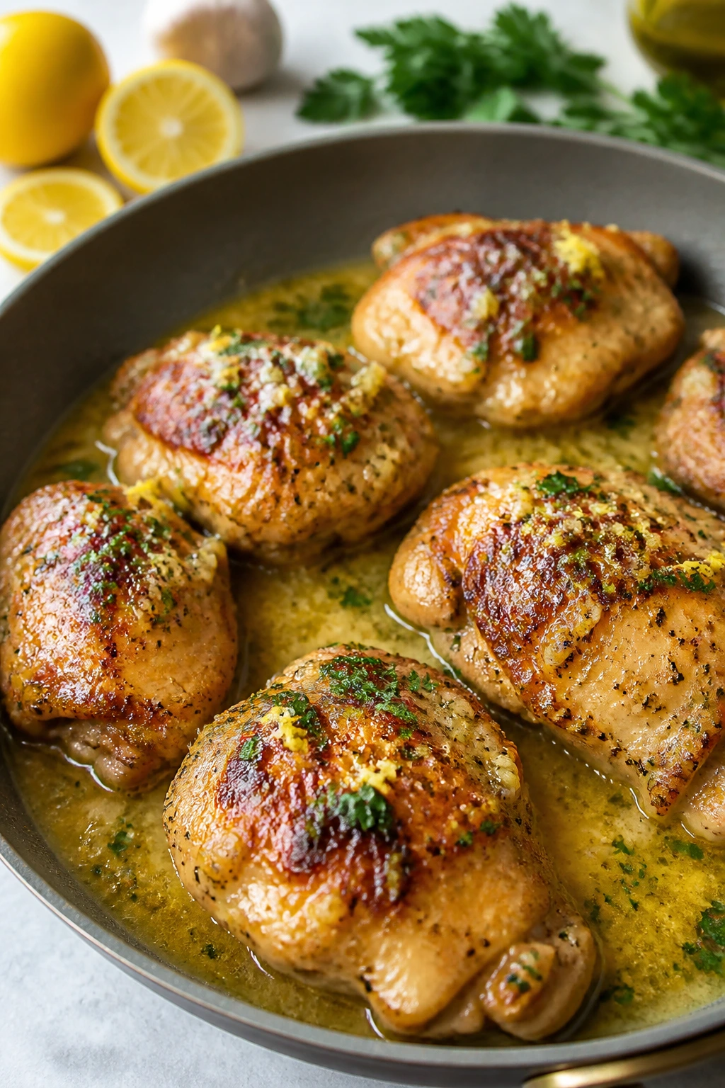 Close-up of juicy lemon-garlic chicken thighs in a skillet with pan sauce on a kitchen counter